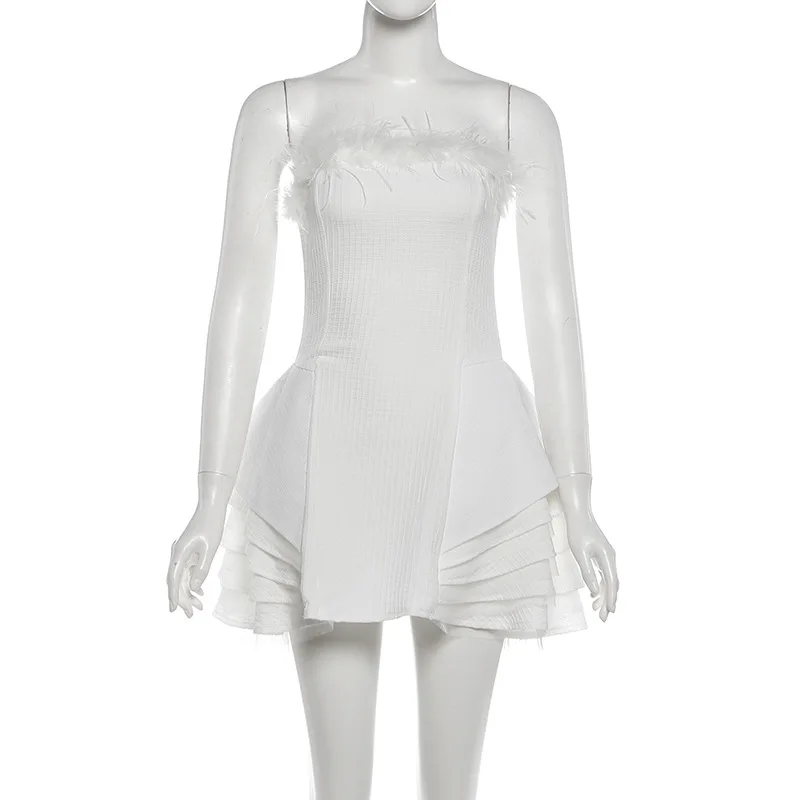 SylCue Y2K Estilo Doce Mini Vestido Mulher Peludo Patchwork Peito Envoltório Sem Encosto Sem Mangas Em Camadas Festa de Aniversário Elegante Bodycon