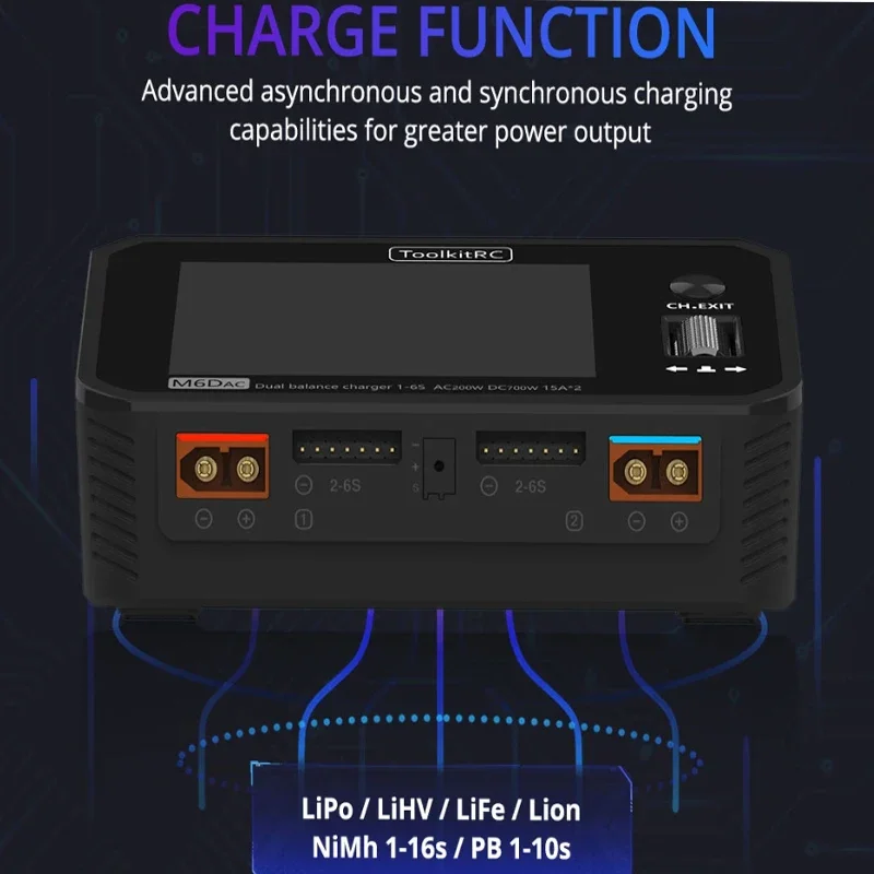 ToolkitRC M6DAC Dual Channel Smart Lipo Battery Charger Discharger AC 200W DC 350WX2 15A for 6S LiHV Lipo Battery PD 65W