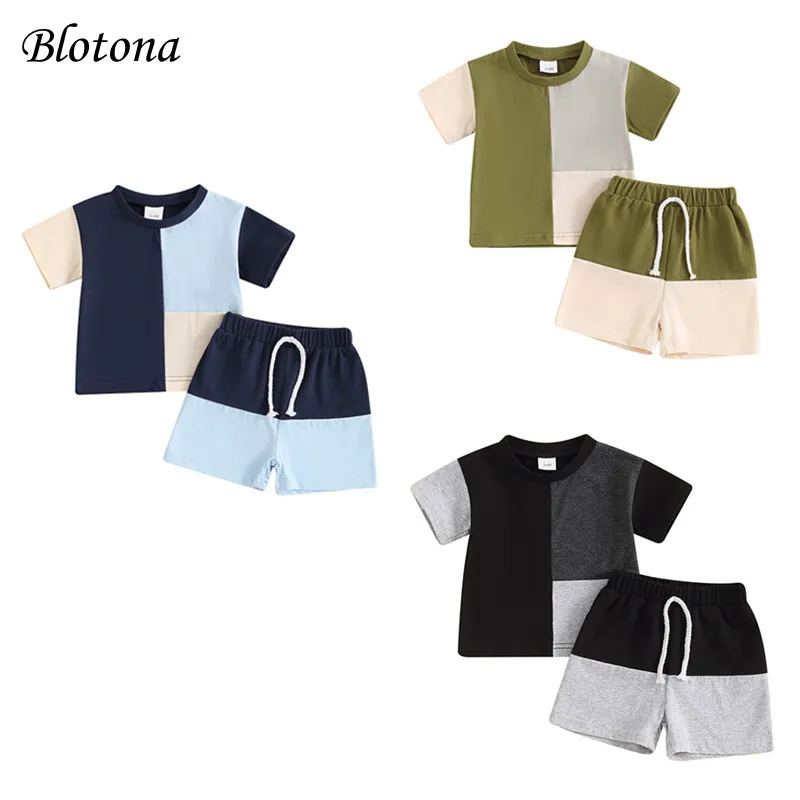 

Blotona Baby Boys Shorts Set, Contrast Color Short Sleeve T-shirt Tops with Elastic Waist Shorts Summer Casual Outfit 3M-3Y