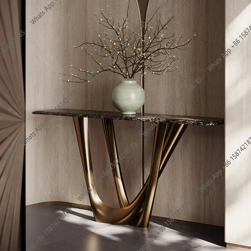 

New Italian light luxury natural marble high-end designer entrance table minimalist entry wall storage table