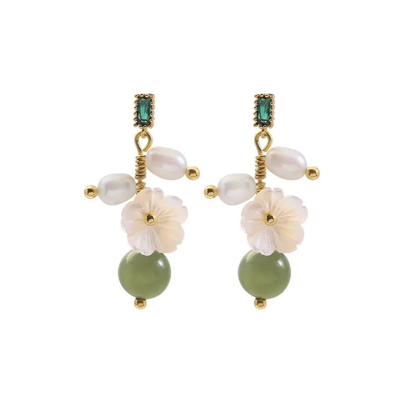 Neuer Stil, süße Blume, natürliche Süßwasserperle und Burma-Jade, 14 Karat Gold gefüllt, Damen-Quasten-Ohrstecker, Anti-Allergie – Detail 8