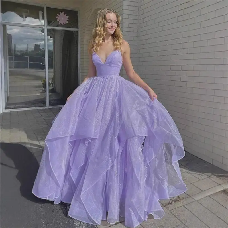 Purple Slim Shoulder V-tie Sequined Evening Dress Dance Party Graduation Princess Birthday Dress Formal Attire Customized