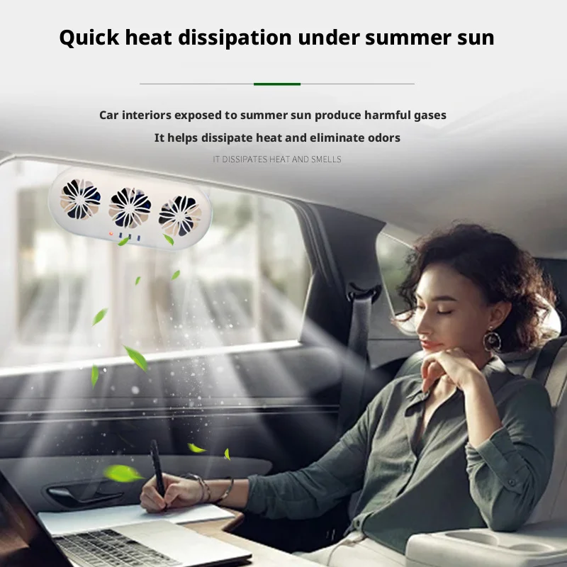 Solar Powered Car Exhaust Fan USB Dual Power Auto Ventilation Cooler 3-Fan Air Circulation Heat Exhaust Cooling Fan
