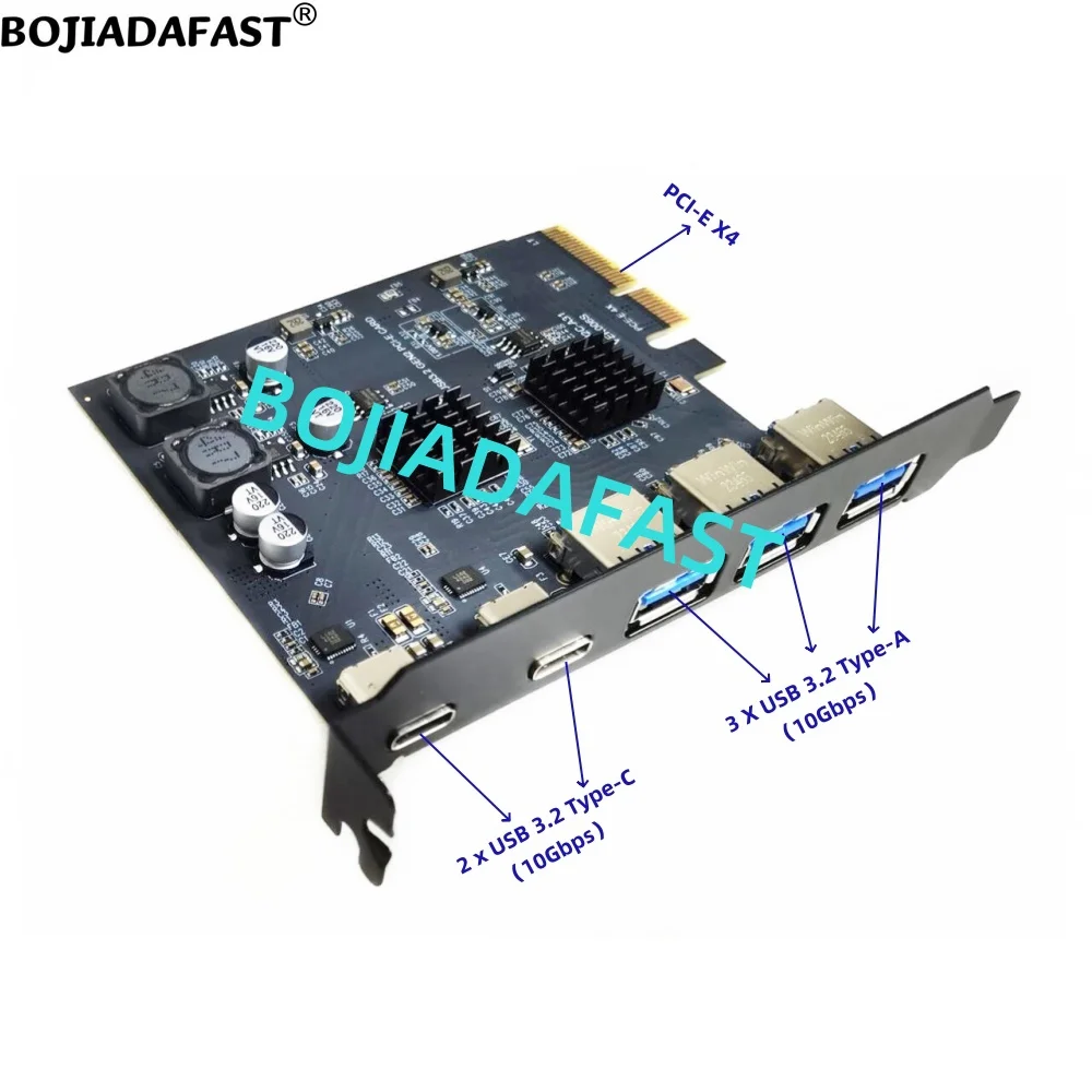 2 * USB 3.2 Type-C + 3 * Type-A Connector 10Gbps GEN2 To PCI Express 4X PCI-E X4 Controller Expansion Riser Card