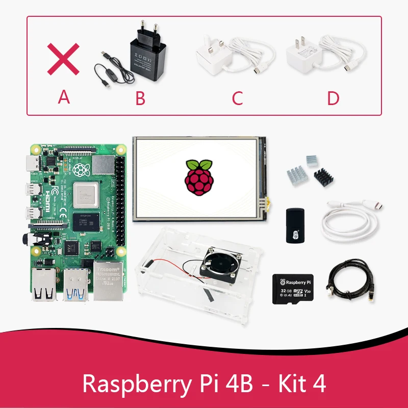 Raspberry Pi 4 Kit 3,4(Case+Fan+32GB SD Card+Power+Micro Cable or Display) PI 4B Board ARM 1GB 2GB 4GB 8GB Faster Than 3B+