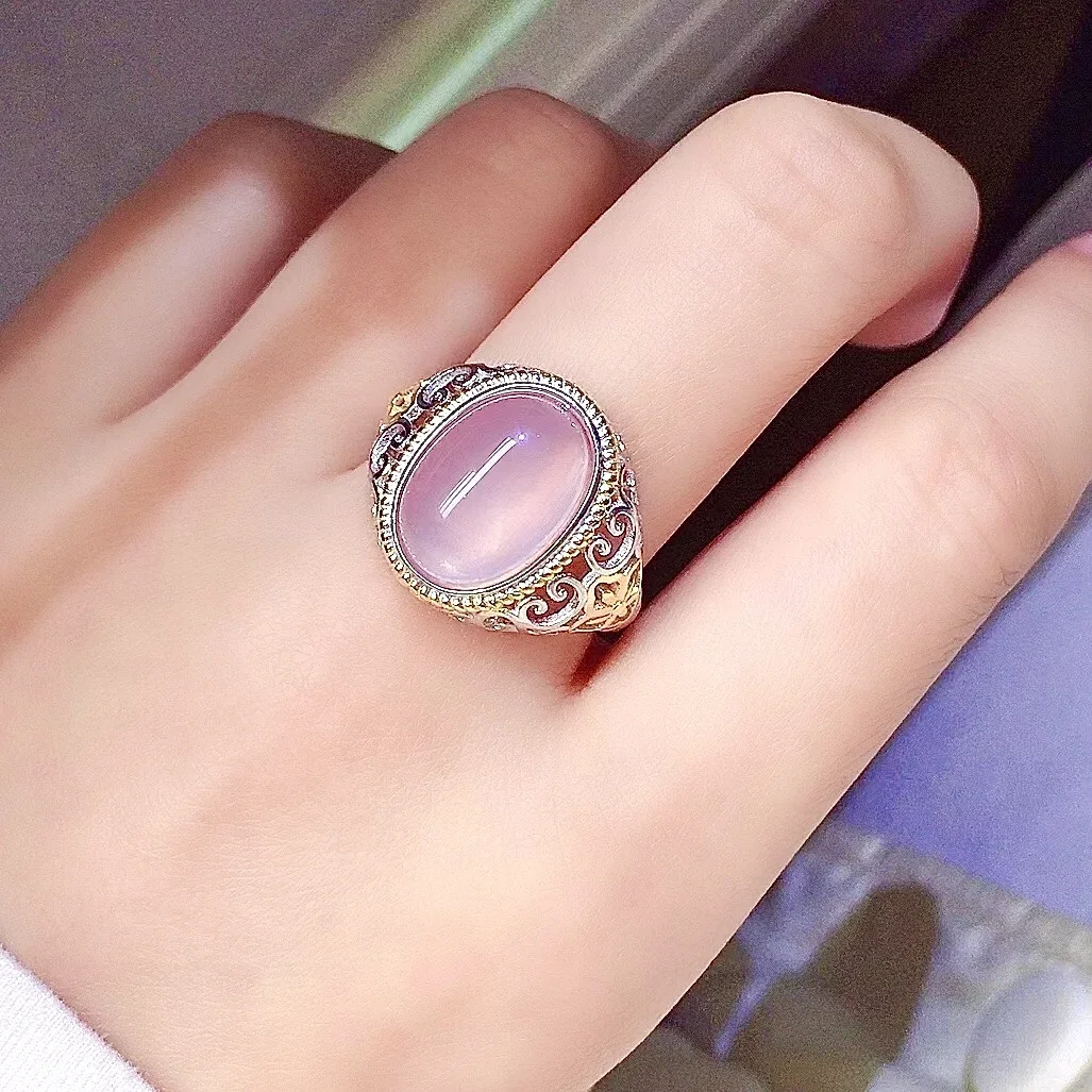 خاتم كوارتز وردي فاخر 10 مللي متر * 14 مللي متر 6ct كوارتز وردي طبيعي 925 خاتم فضة 18K طلاء الذهب مجوهرات كوارتز وردية