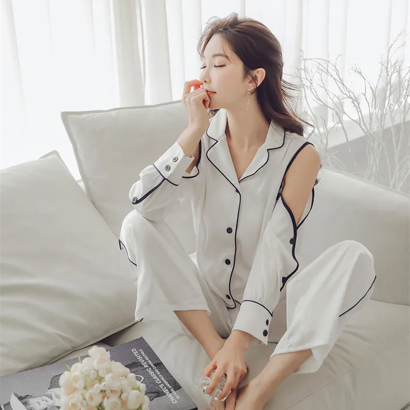Off-shoulder Pyjamas Sexy Satin White Satin Pajamas With Pants Loose Casual Homewear Intimate Lingerie Sleepwear Women Pj Set