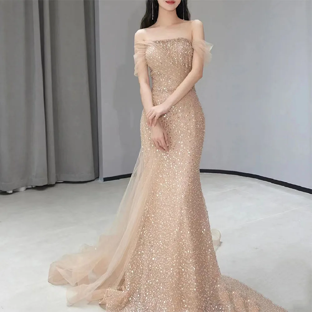 

Champagne Mermaid Women Evening Dresses Sequins Court Train Off Shoulder Prom Party Gowns Formal Vestido De Fiesta Abenkleider
