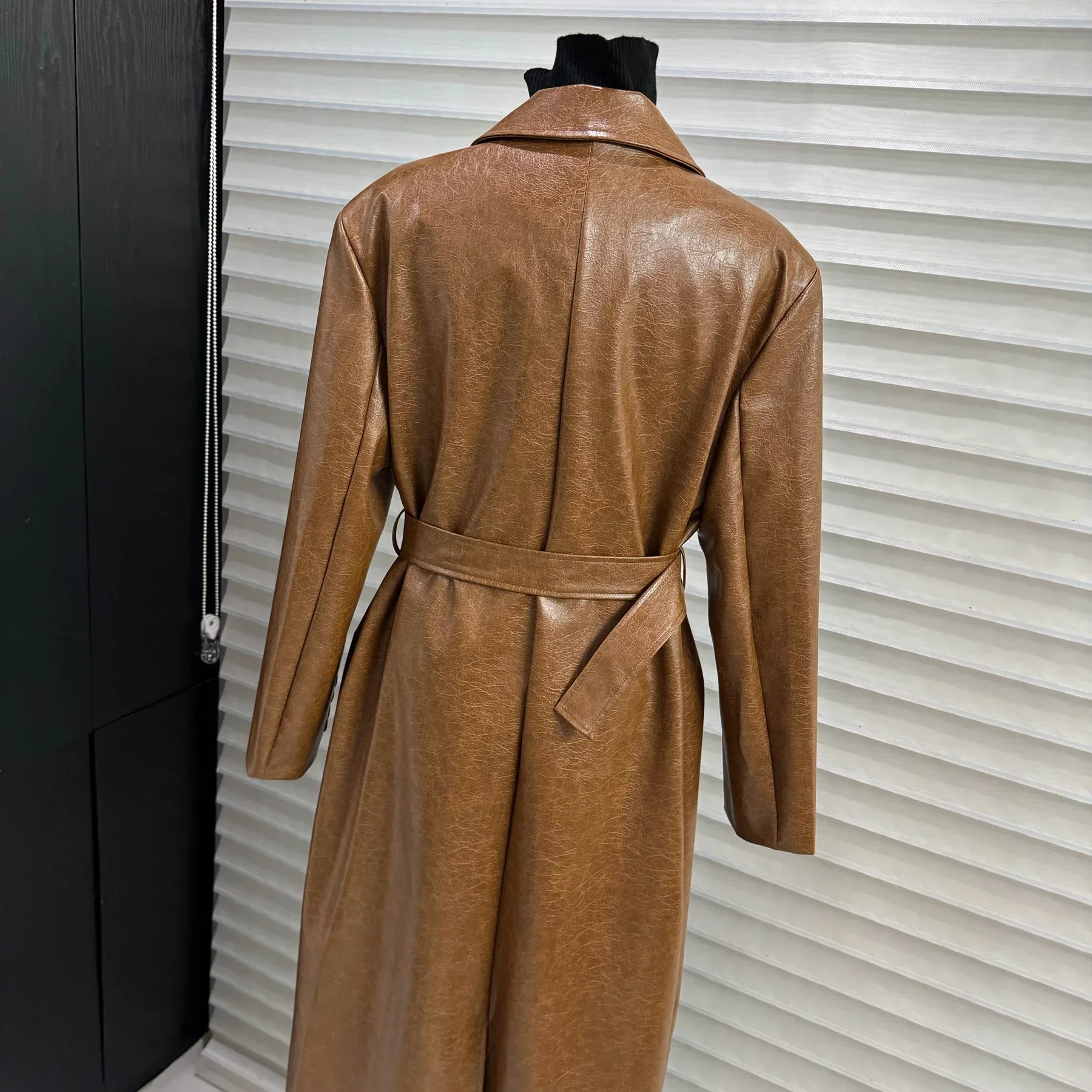 Autumn PU Leather Long Trench Coat Women with Belt Turn Down Collar Long Sleeve Windbreaker Fashion Chic Brown Overcoat