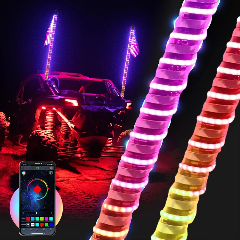 

RGB 2FT 3FT 60cm Hyper COB LED Fat Whip Light Mining Buggi Spiral 0.8inch Chasing Dancing APP Remote Control for Atv Utv Truck
