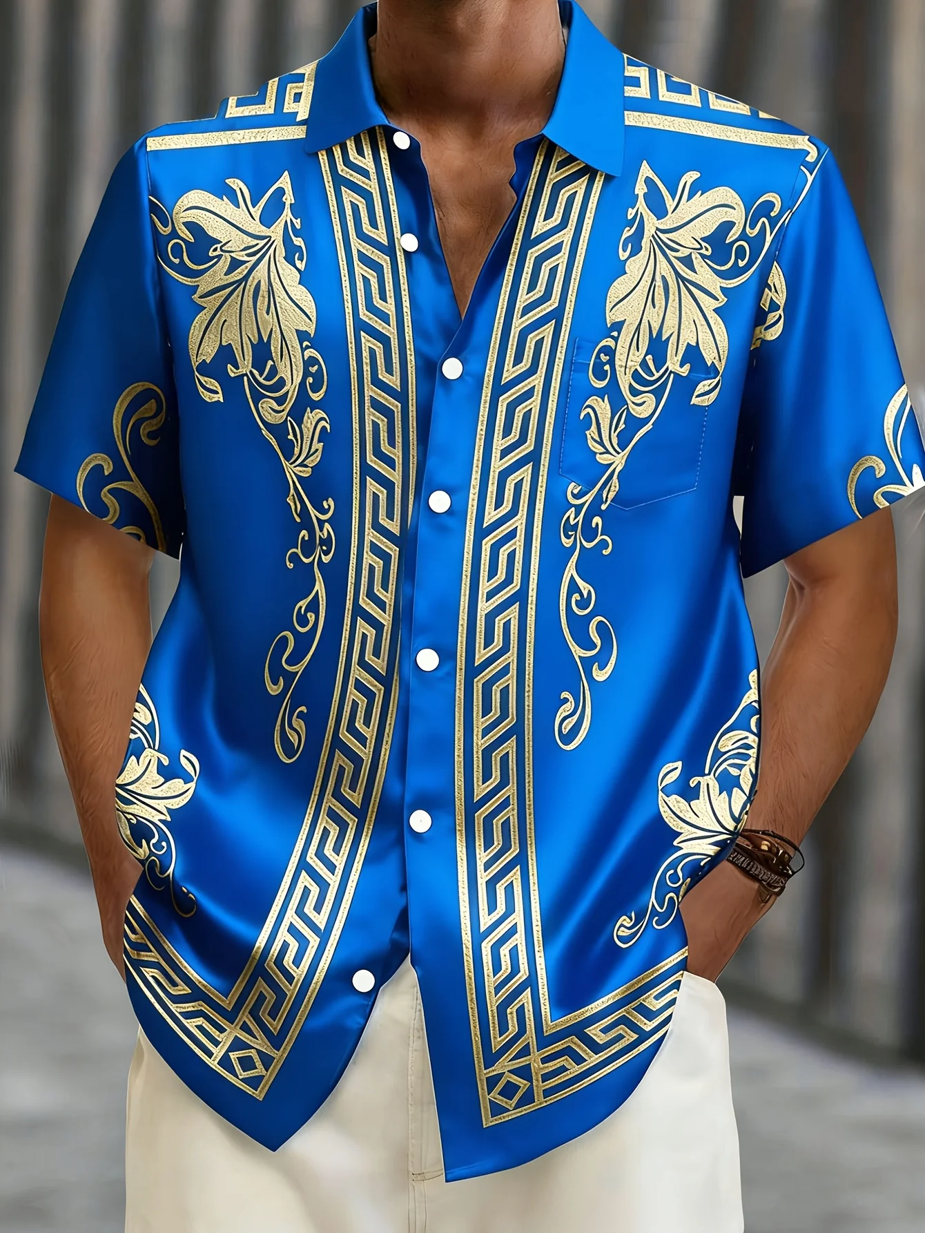 Chemise à manches courtes pour homme, grande taille, à imprimé floral hawaïen et style baroque, bleue, coupe ample, avec revers et poches boutonnées, vêtements pour homme