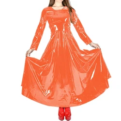 Women's Long Pleated Dress, O-neck, PVC Leather, Full Sleeve, O-neck, Casual, High Waist, A-line, Loose Maxi Dress