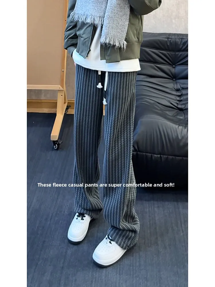Men's Knitted Fleece Lined Straight Leg Pants Heavy Weighted Casual Trousers Fishbone Pattern Small Fragrance Style Autumn Wi...