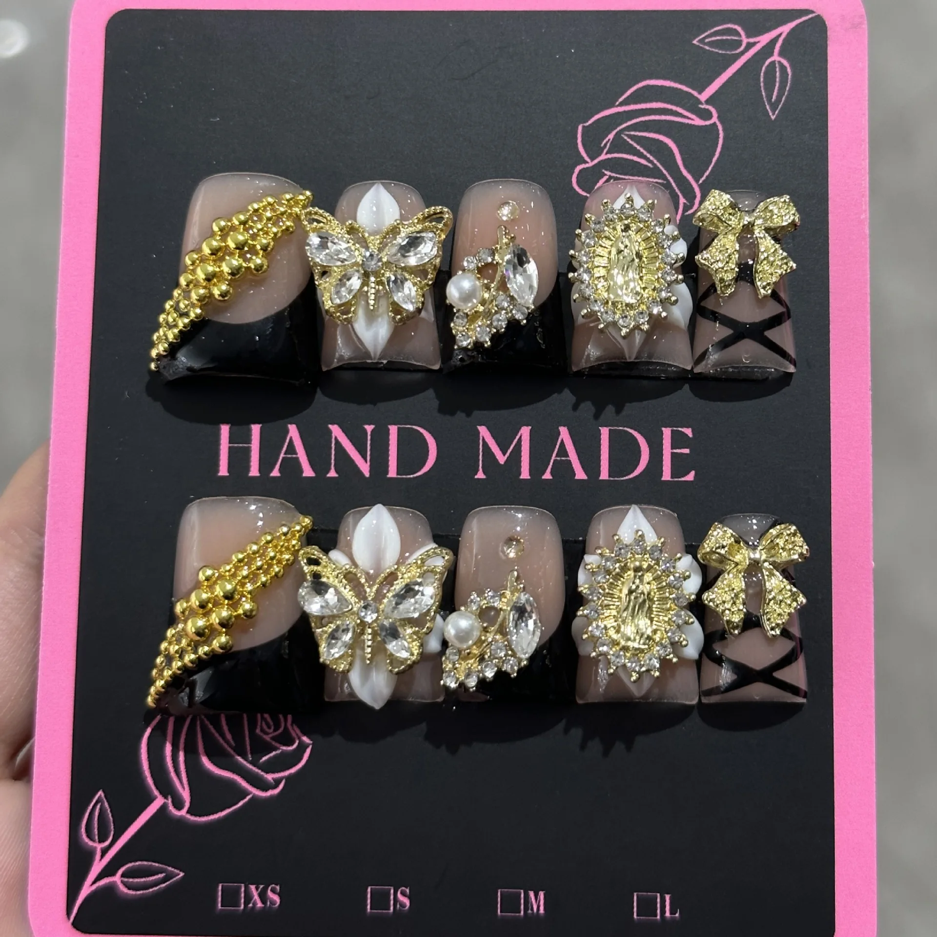 10pcs/set Pink Short Duckbill Nail Tips 3D Butterfly Flower Handmade Press on Nails Sweet Girls False Nails Women Fake Nails