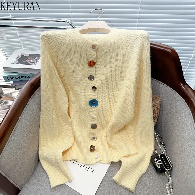 

Autumn Winter O-neck Knitted Cardigan Womens Long Sleeve Tops Colorful Button Pocket Female Casual Fashion New Knitwear Sweater