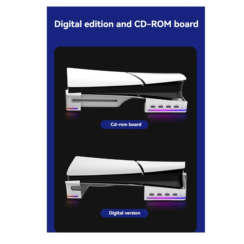 For PS5 Slim/Pro Stand With Light Modes, 4 USB Hubs - Enhanced Storage & Display