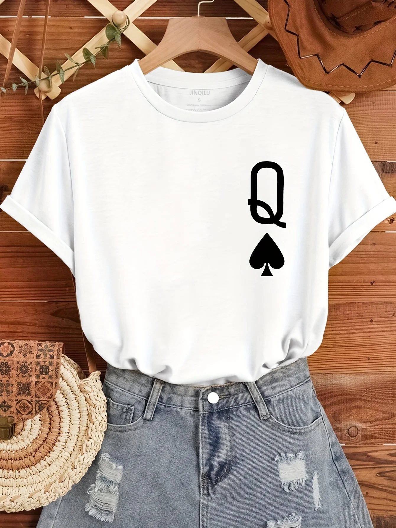 Women Fashion Hip Hop Short-Sleeve Poker Queen Print Loose Pure T-Shirt Round Neck Street Luxury Top Parent-Child Outfit