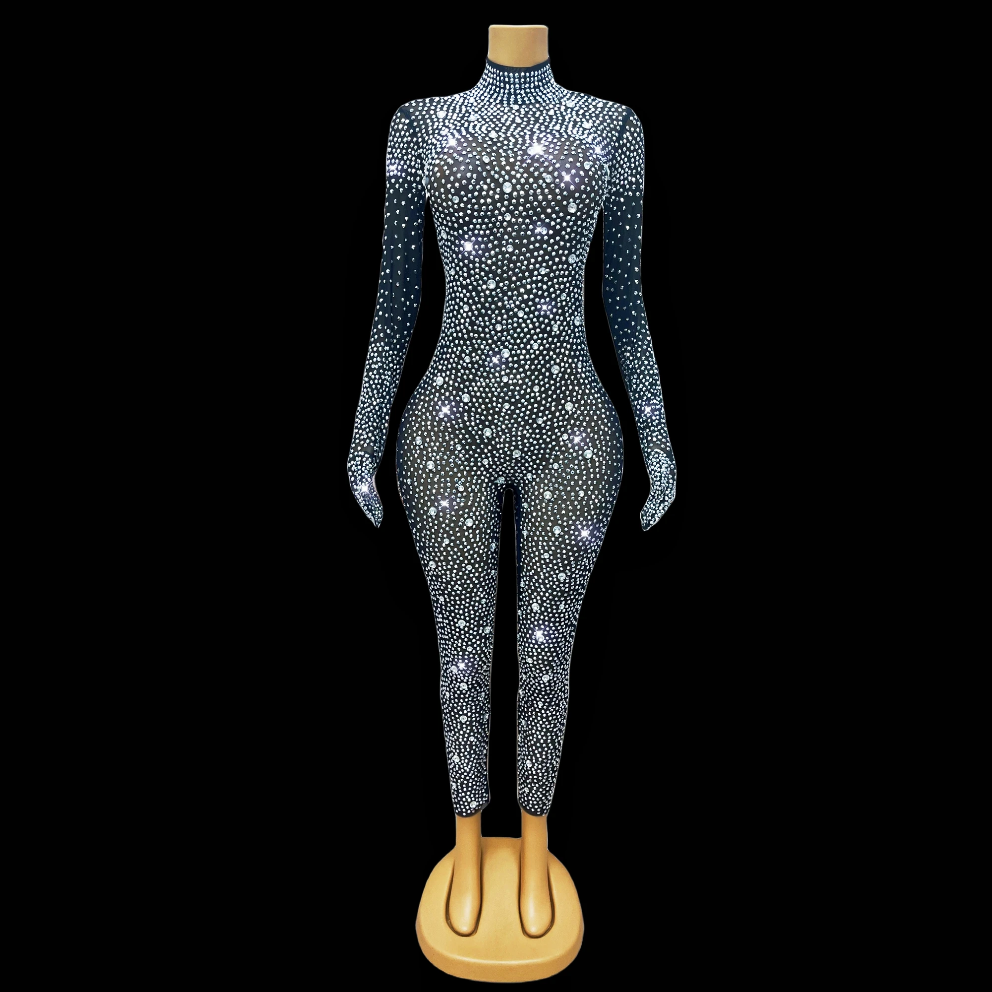 

Glittering full rhinestone luxury handmade black jumpsuit party fashion show singer dancers performing stage costumes Shizuan