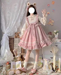 Original Lolita Pink Long-sleeved Dress Women's Cute Sweet Girls Kawaii Big Bow Ruffle Edge Fake Two Pieces Princess Dresses New