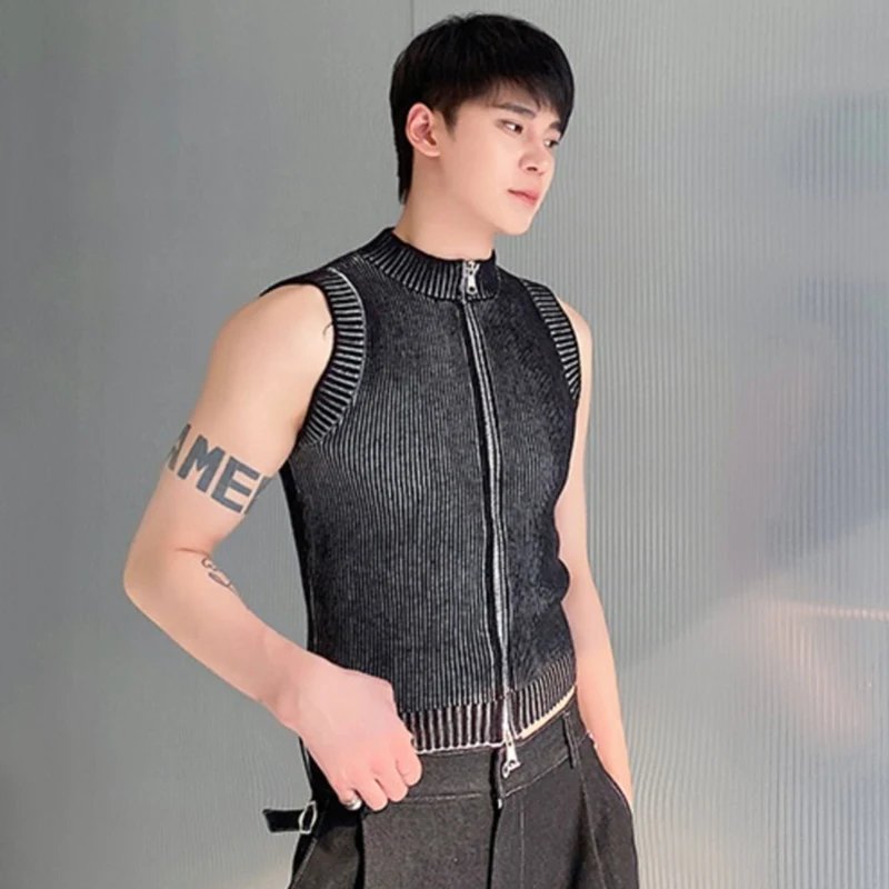 IEFB Male Knit Vest Casual Stand Collar Zipper Solid Color Elasticity Men Knitting Sleeveless Top 2024 spring New Stylish 9C4960