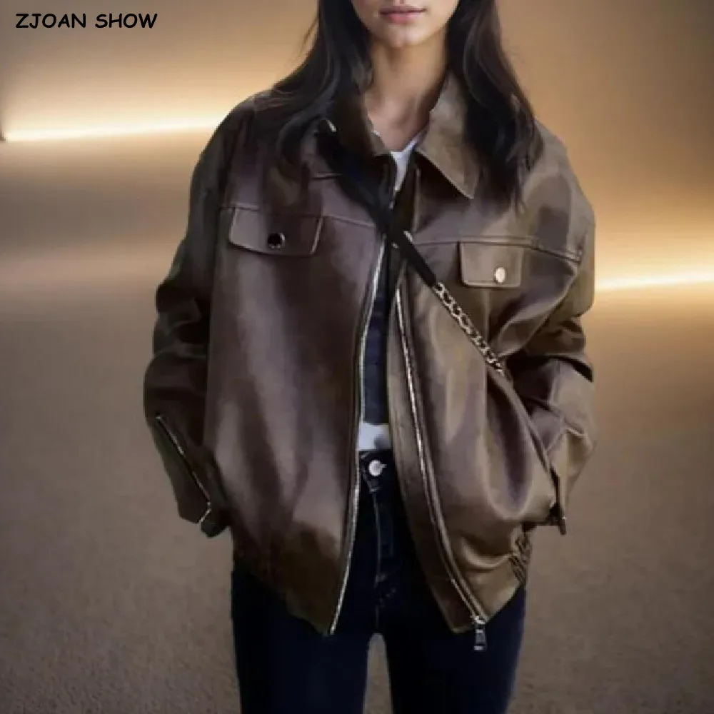 2024อเมริกันRetroผู้หญิงซักผ้าPUหนังแจ็คเก็ตLapel Collar Elastic HemแขนยาวBomber Pilot Coat Bikerสั้นOuterwear