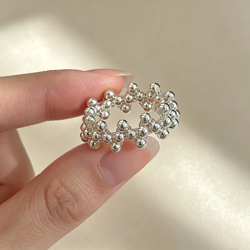 BF CLUB 925 Sterling Rings for Women Simple Geometric Handmade Irregular Retro Dots Round Ring Allergy For Birthday Gift