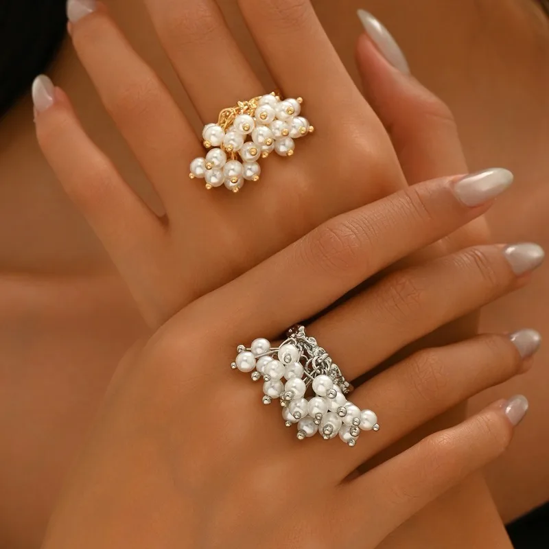Cluster Seed Pearl Open Ring Gold Silver Adjustable Band Small White Beads Elegant Romantic Jewelry Gift For Women