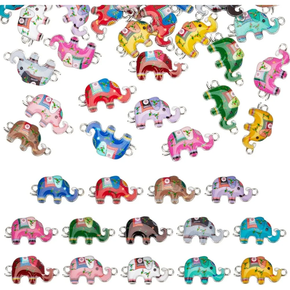 56Pcs 14 Colors Enamel Metal Elephant Charms Connectors Links Elephant Pendant Link with Double Loops for DIY Bracelet Earring