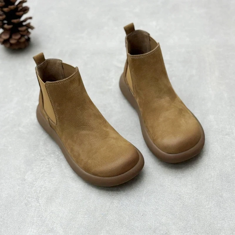 

Ботинки челси ручной работы в стиле бохо, осень-зима 2022, женские ботильоны из натуральной кожи из смеси льна и хлопка с круглым носком на плоской подошве без шнуровки