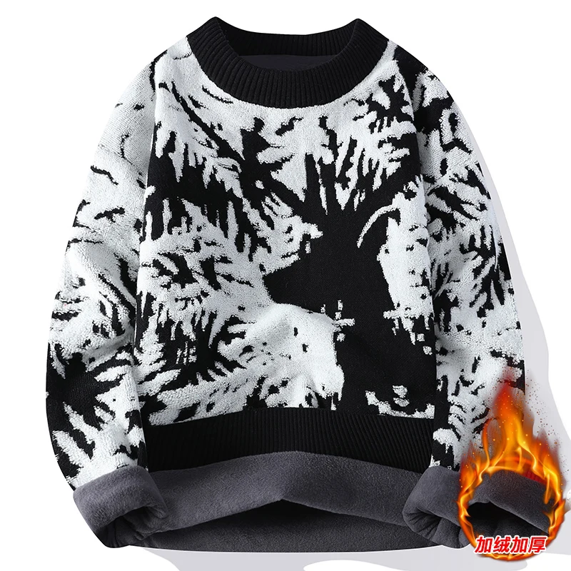 Mens Women Winter Couple Knitted Sweater Mens Casual Loose Christmas Fleece Thicken Warm Knit Pullover Jumper O-neck Sweatshirt