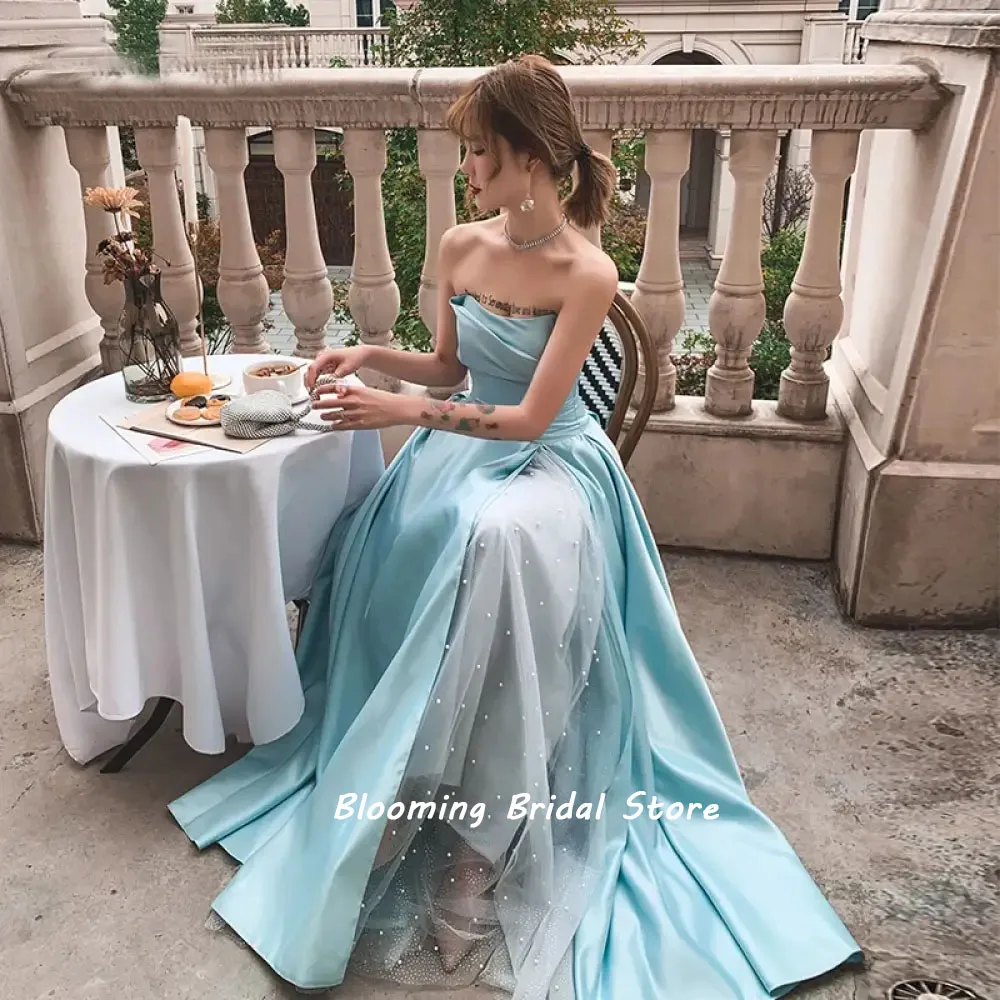 Edina Strapless Prom Dresses Custom Made Blue Satin Pearl Beaded Tulle Long Party Dresses