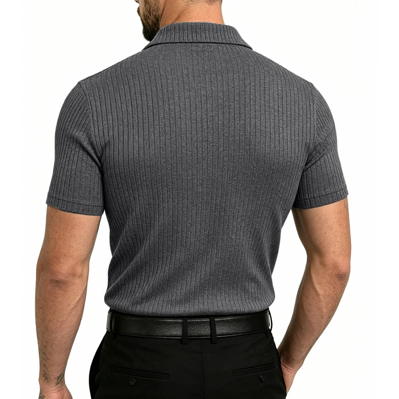 Herren 1-teiliges Gestricktes V-Ausschnitt Kurzarm Slim-Fit Atmungsaktives Eisseide Schnelltrocknendes Golf Business Casual Poloshirt – Detail 14
