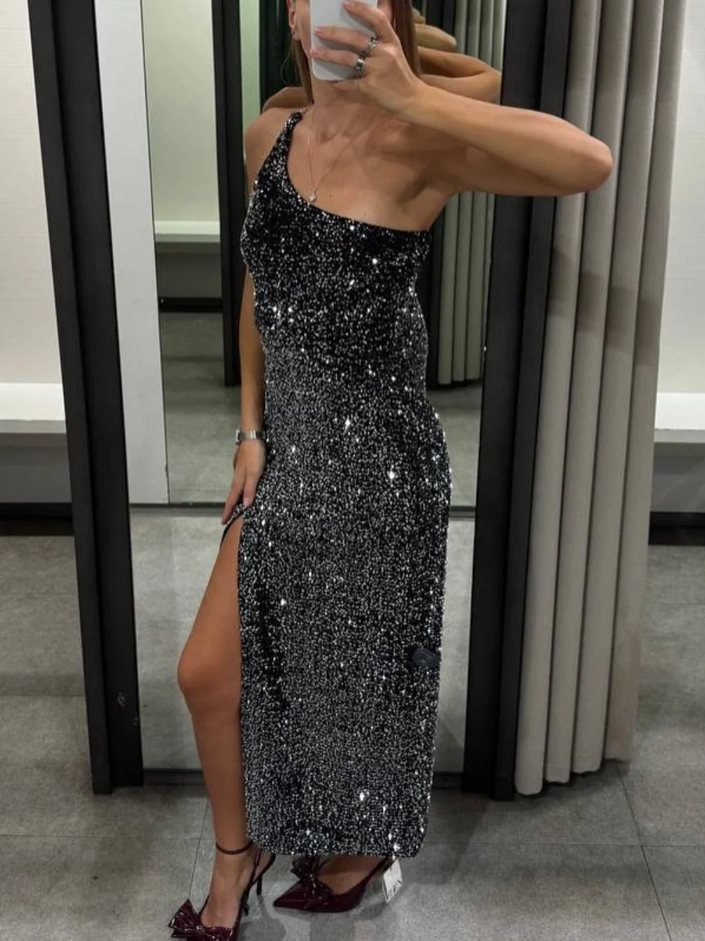 

Сексуальное и модное черное платье миди с пайетками, разрезом спереди и боковой молнией, асимметричное женское платье в стиле ретро с открытой спиной