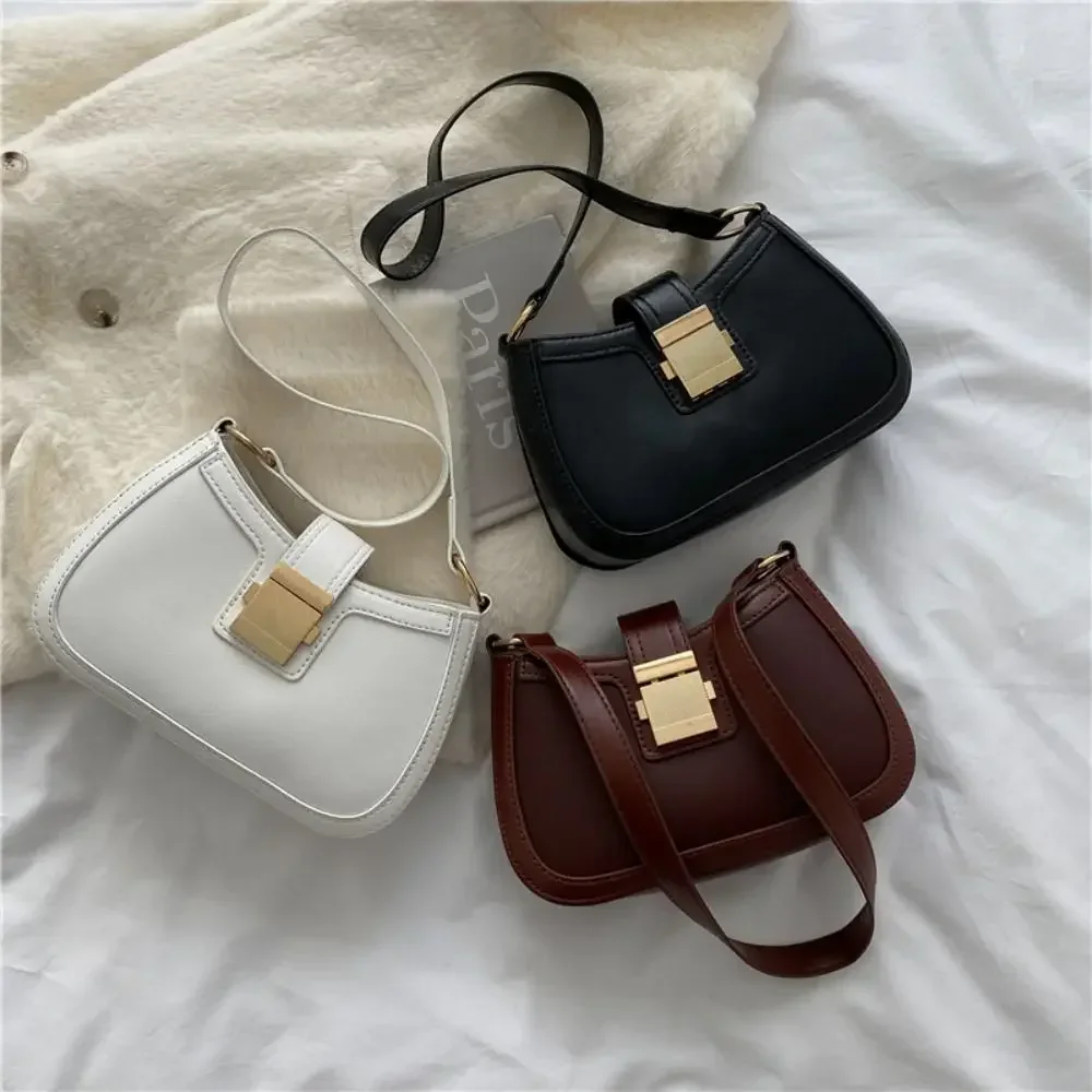 Vintage Trendy Ladies Underarm Shoulder Bag Solid Color Lacquer PU Leather Handbag Women Fashion Brand Simple Female Chain Purse