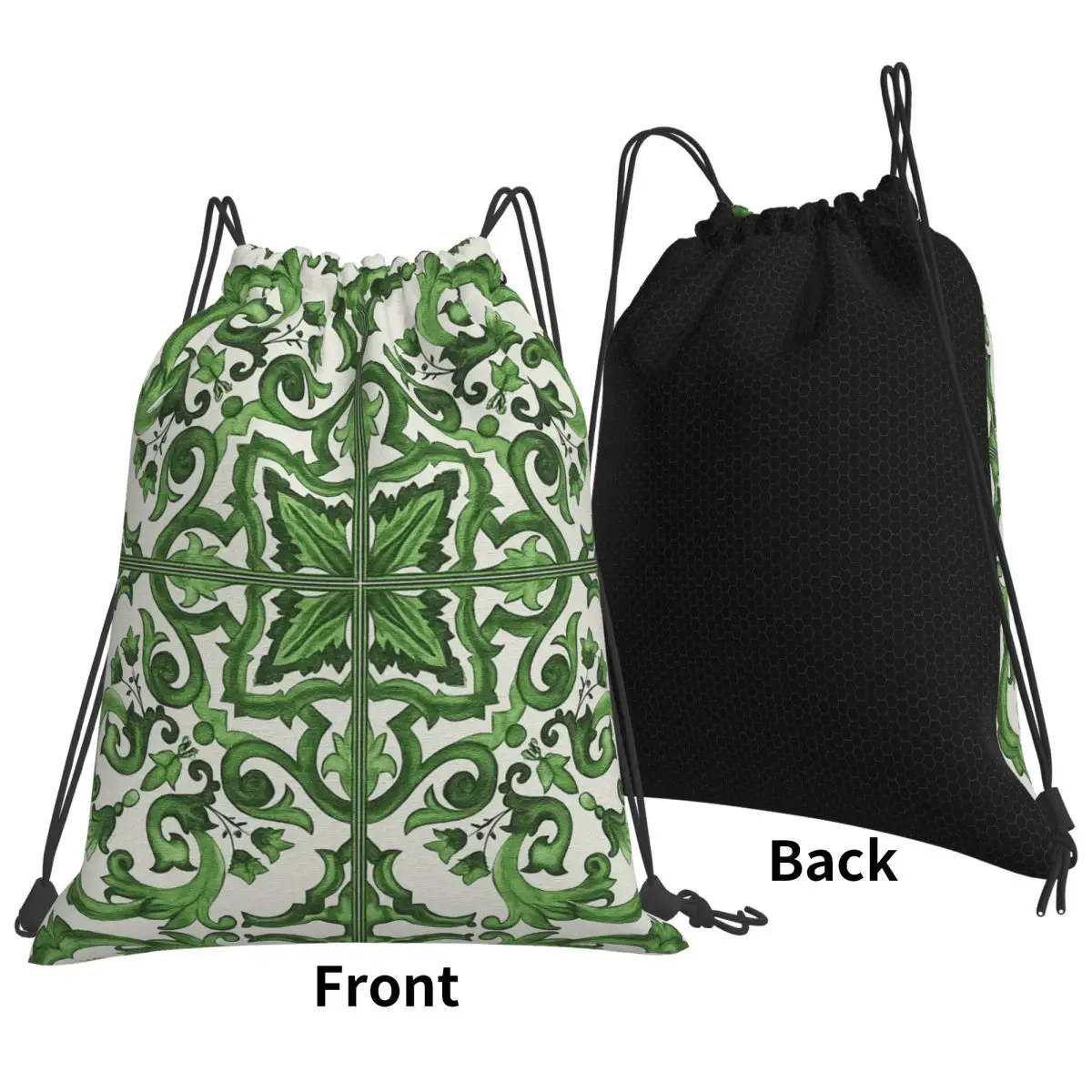 Green Ornate Floral Mediterranean Sicilian Tile Backpacks Multi-function Drawstring Bags Sports Bag Book Bags for Unisex School