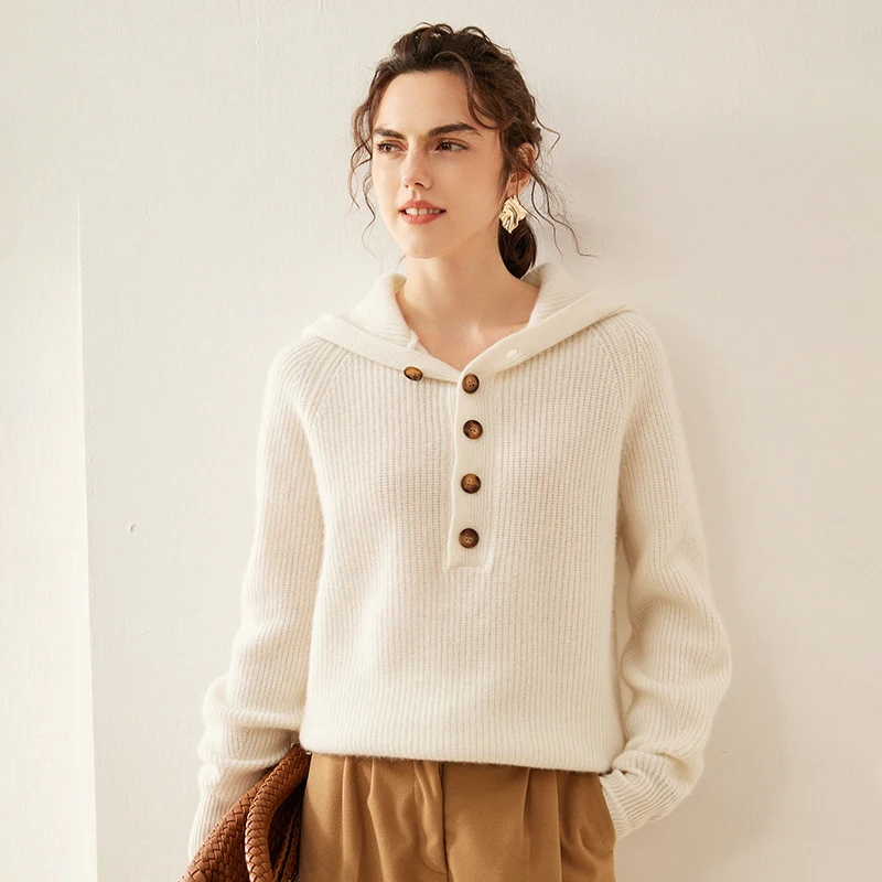 Autumn and Winter New 100% Cashmere Sweater Women's Seven Needle Thick Button Hoodie Casual Fashion Versatile Sweater