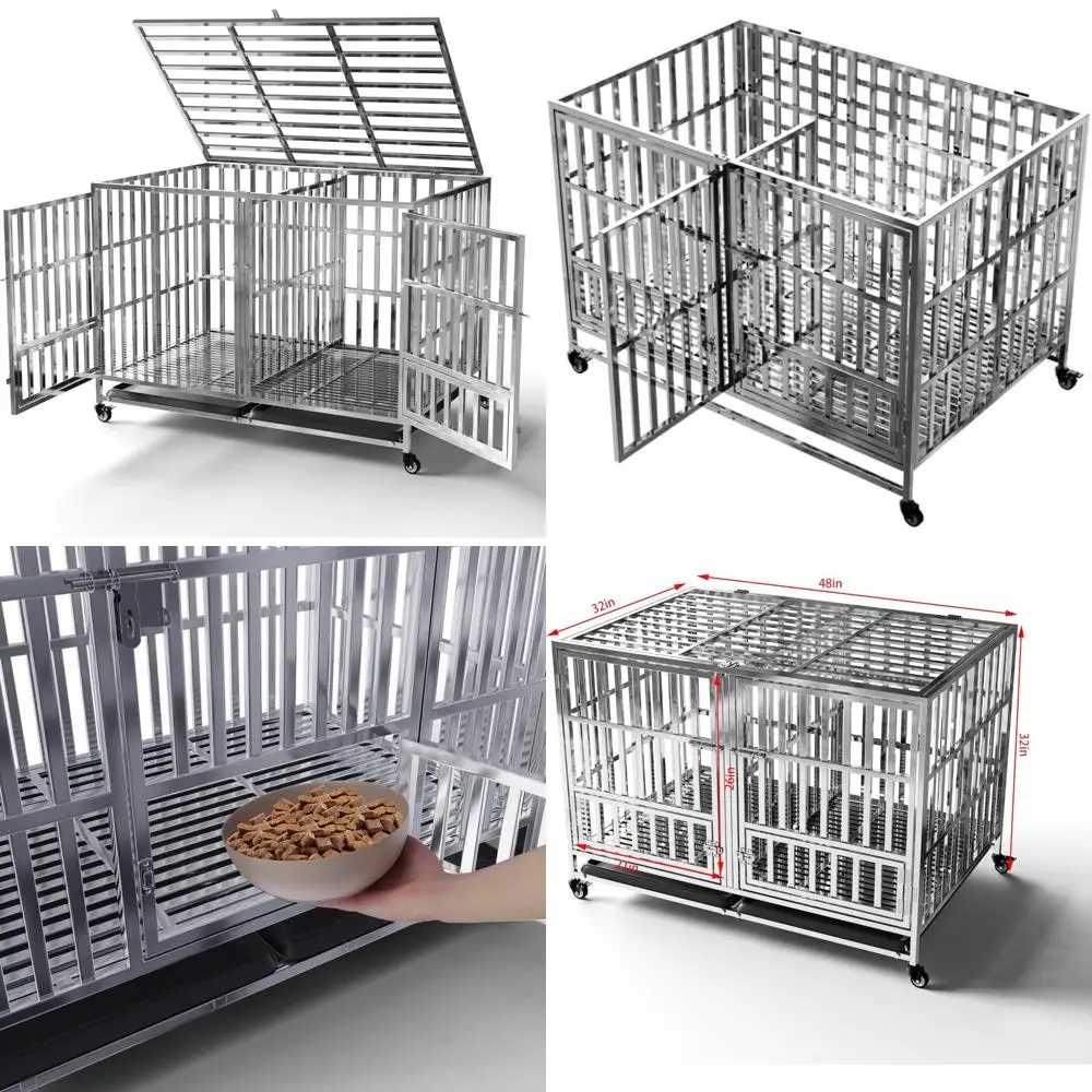 

Sturdy Steel Dog Crates in Multiple Sizes, Lockable Wheels, Tray Included, Stackable Design, Heavy-Duty Construction, Divider Pa