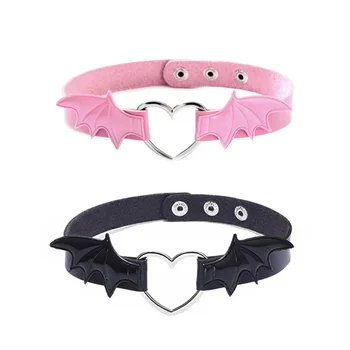 블랙 핑크 PU 가죽 고딕 펑크 하라주쿠 코스프레 칼라, 뱀파이어 하트 러브 윙 초커 목걸이, 박쥐 펜던트, 패션 