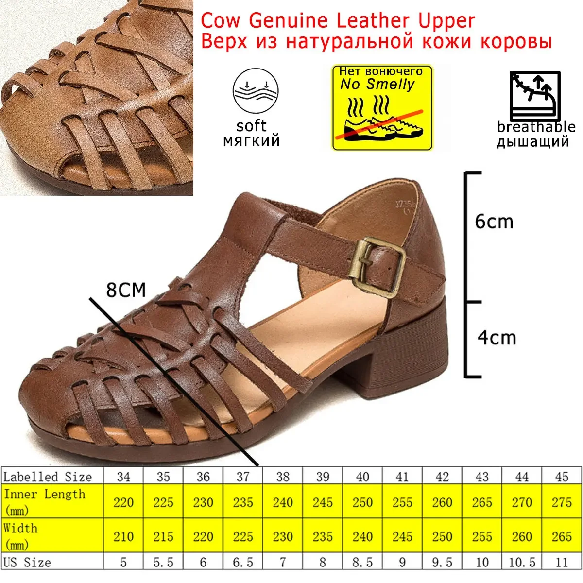 Koznoy Sandal with Flats 4cm Hollow Cow Genuine Leather Women Summer Ethnic Buckle Moccains Fashion Chunky Heels Elegance Shoes