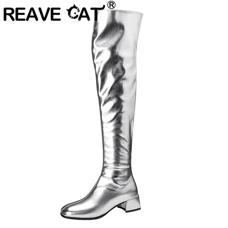 REAVE CAT Luxury  Female Thigh Boots Round Toe Block Heels 4.5cm Zipper Plus Size US12 44 US14 46  Dating Knee High Bota