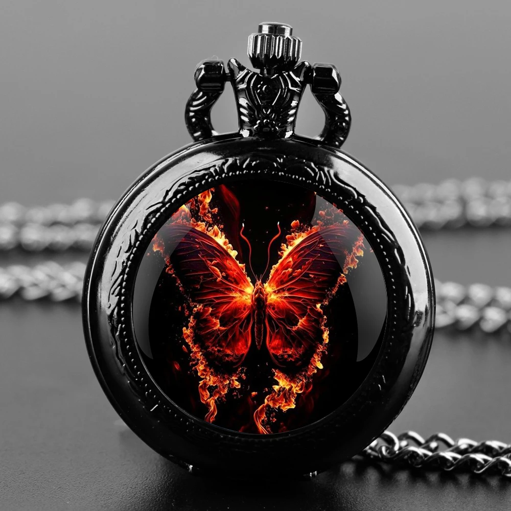 Flame Butterfly Design Glass Dome Quartz Pocket Watch With Durable Chain Arabic Numeral Dial For Men And Women Creative Gifts