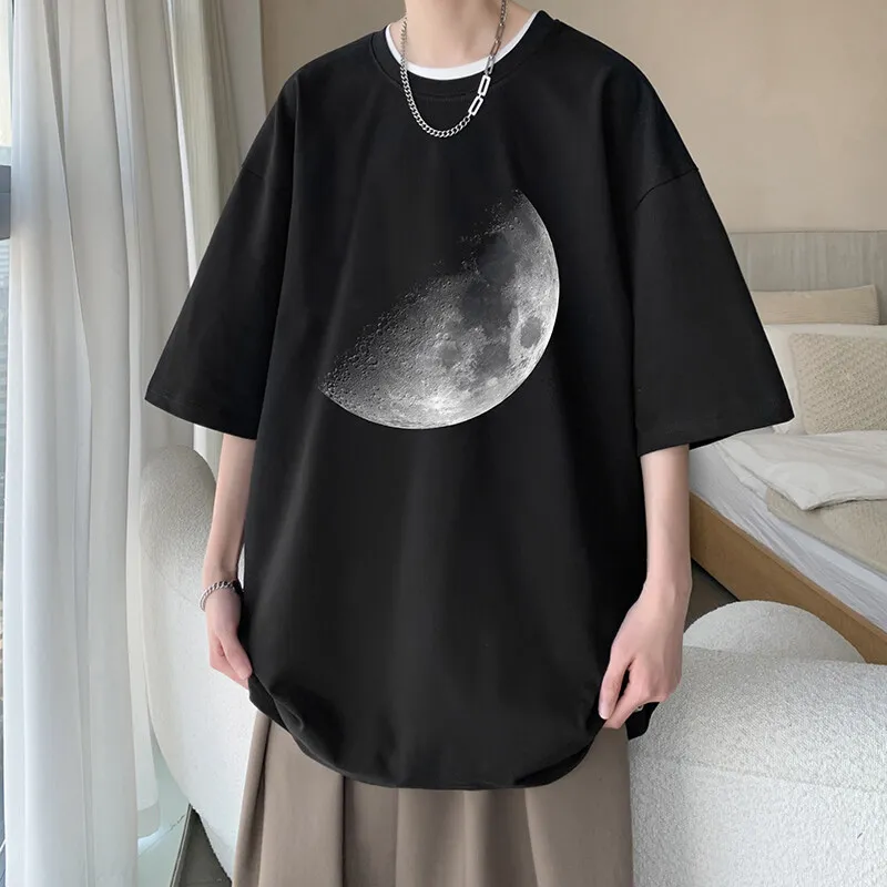 Men's Cotton T-shirts White Men Oversized T Shirt Moon Print Funny Summer Casual Wear 5XL Tee Shirts Big Size Male Clothes