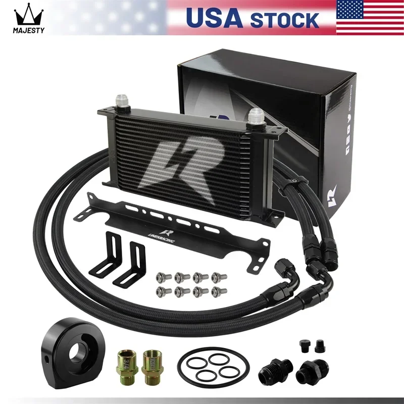 Universal 19ROW 10AN Engine Oil Cooler +Oil Filter Adapter Kit +Bracket Black Aluminum