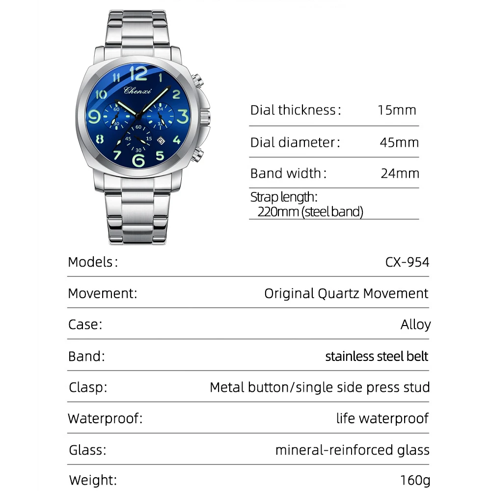 CHENXI Men Watches Stainless Steel Analog Quartz Sport Watches for Man Waterproof Business Classic Design Date Wrist Watch