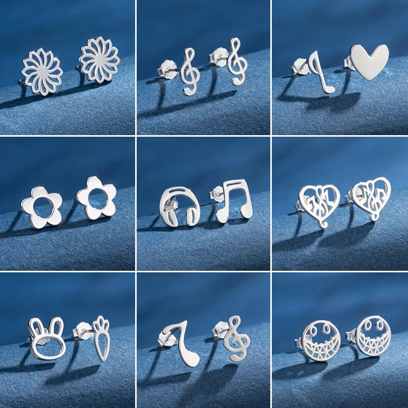 100% 925 Sterling Silver Mini Stud Earrings Musical Instrument Jewelry Heart with Music Earings Rabbit Carrot Ear Piercing Gift