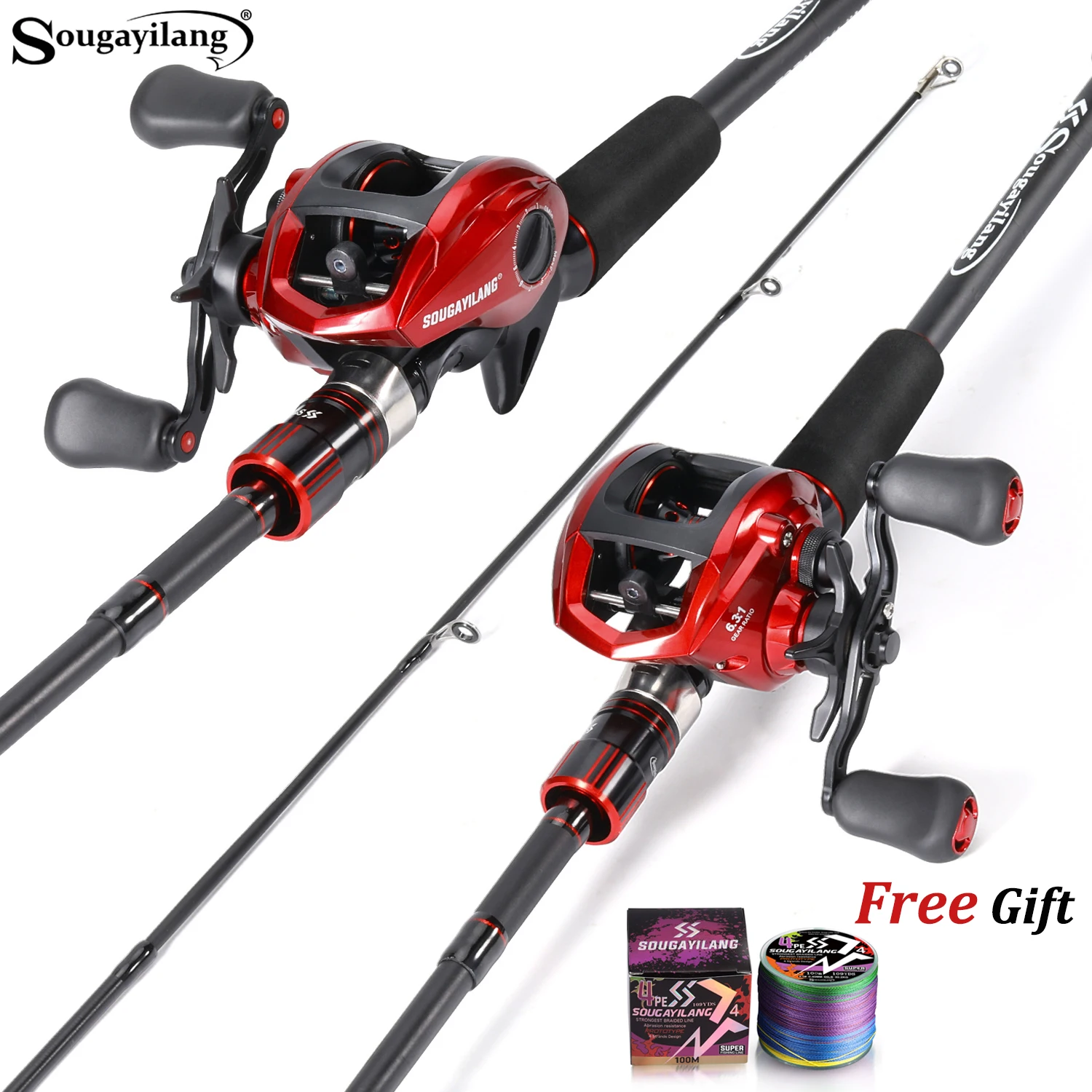 

Sougayilang Fishing Set With 1.8-2.1m Carbon Fishing Rod and 6.3:1 Gear Ratio Baitcasting Reel with 4X Braided Line as a Gift