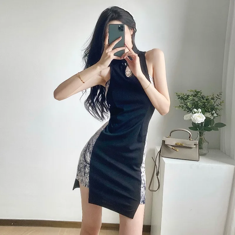 

Women French Retro Party Dress Black Chinese Style Cheongsam Lady Sexy Slim Qipao Nightclub Bar Dance Dresses Vintage Vestidos