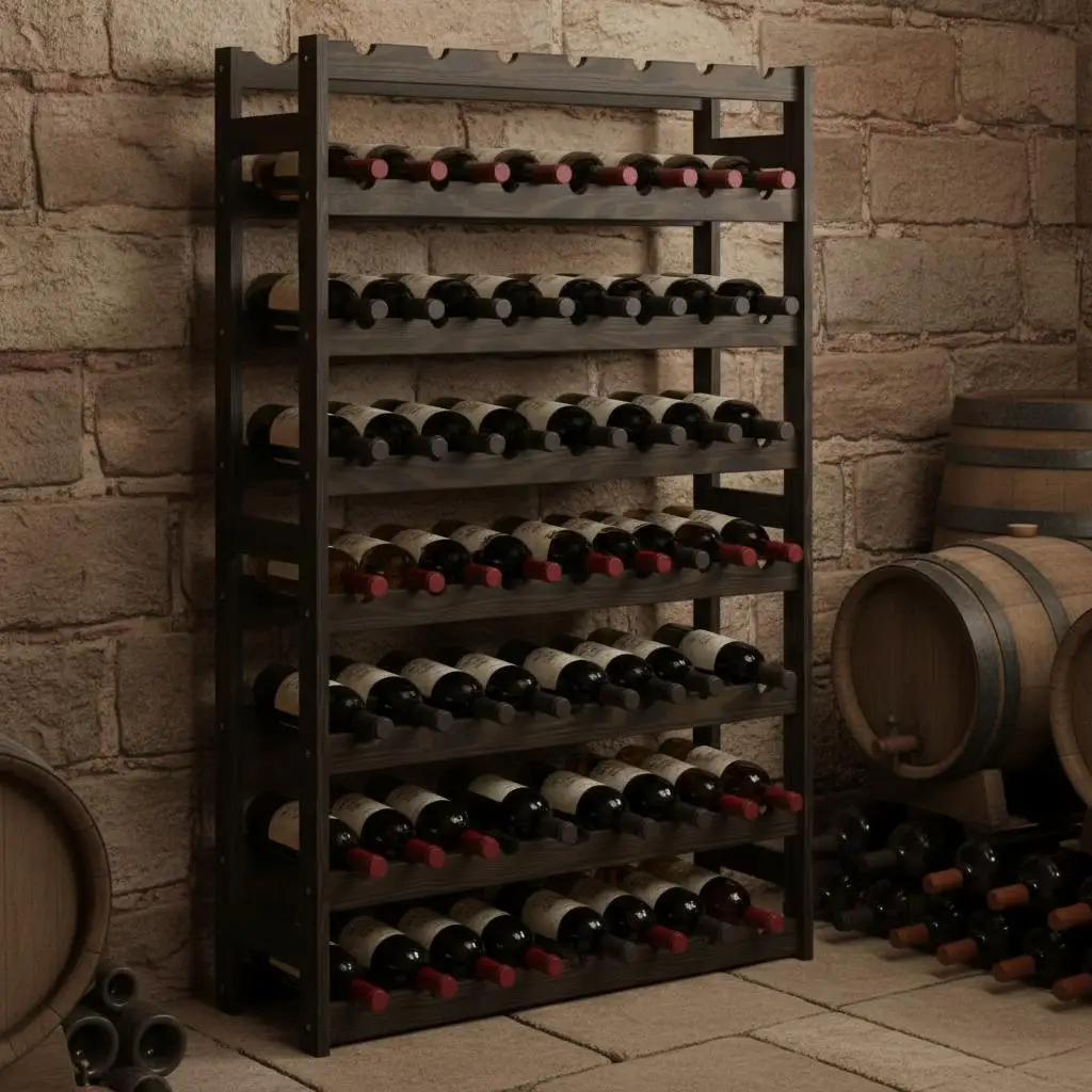 Estante para Vino Vertical de Pino Negro Sólido para 56 Botellas, Almacenamiento para Bodega, Bar, Cocina