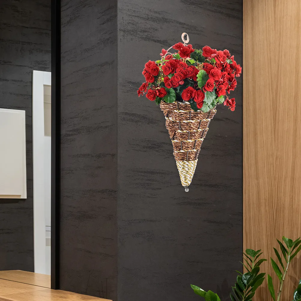 

3Pcs Wall Mounted Flower Basket Hanging Conical Plant Holder Iron and Simulated Woven Rattan Rustic Indoor Decor Wall Flowerpot