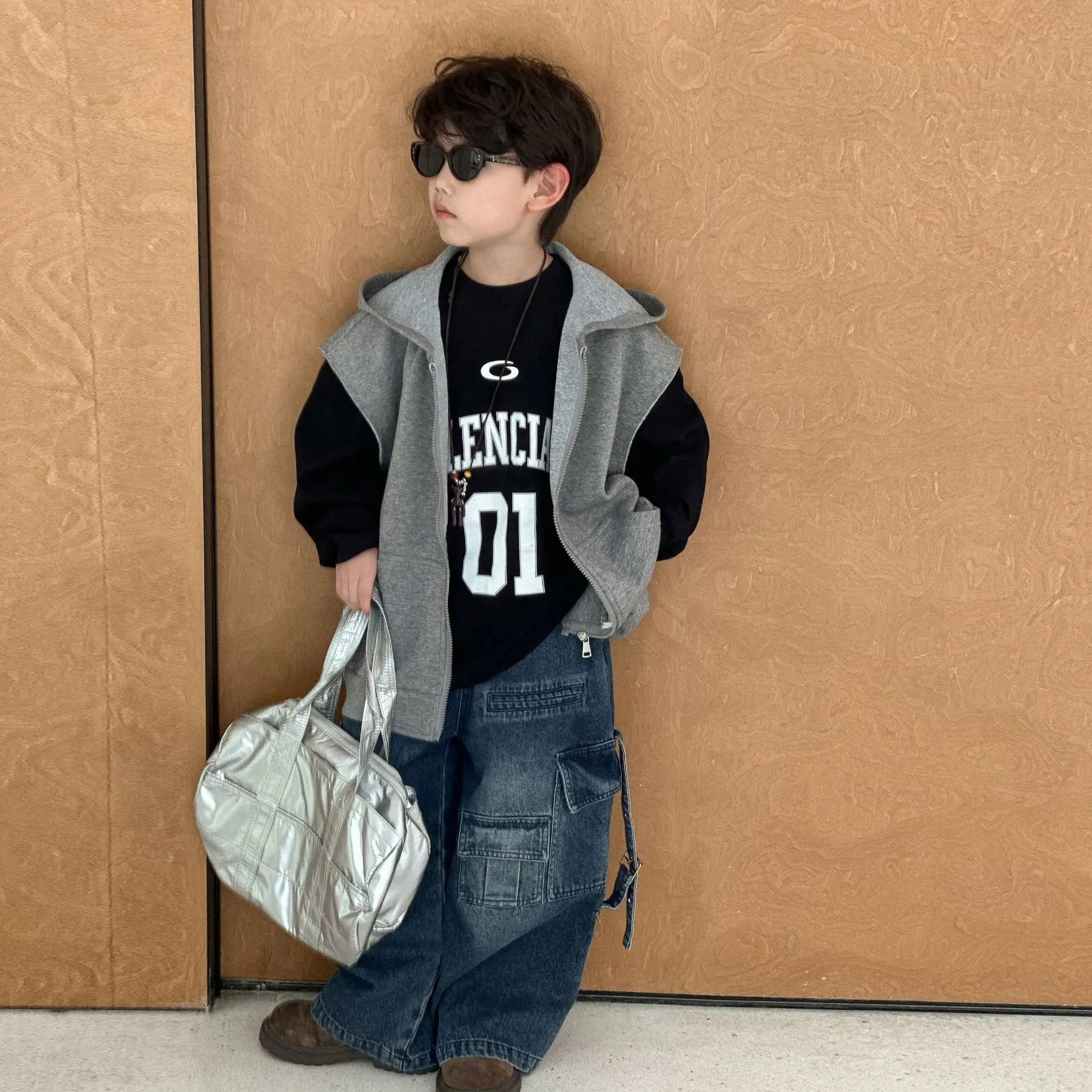 

Children Clothes Boys Autumn Sleeveless Hooded Sports Vest Cardigan 2025 Spring and Autumn New Zipper Sweater Jacket